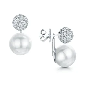 18ct White Gold Pave Diamond Set Sphere Earrings With Detachable South Sea Pearls