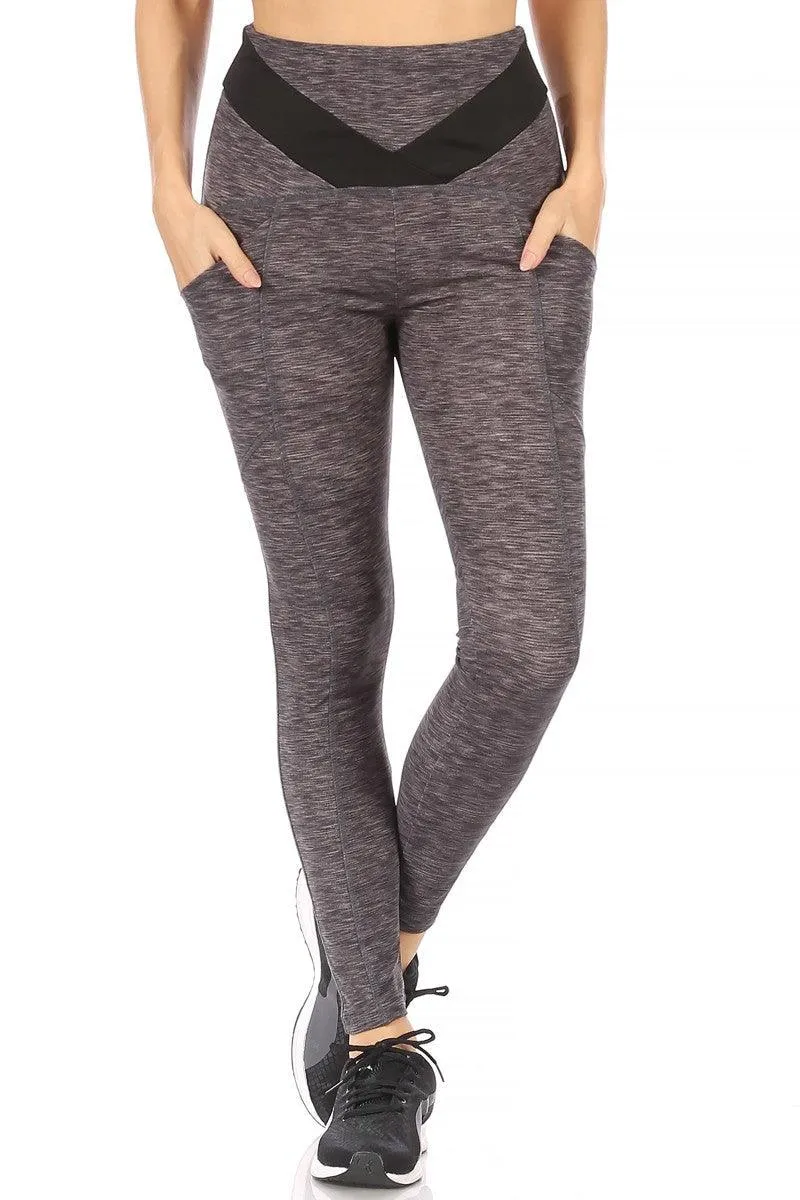 7/8 High Waist Leggings With V Shape Contrast Waistband & Pockets - Charcoal Space Dye