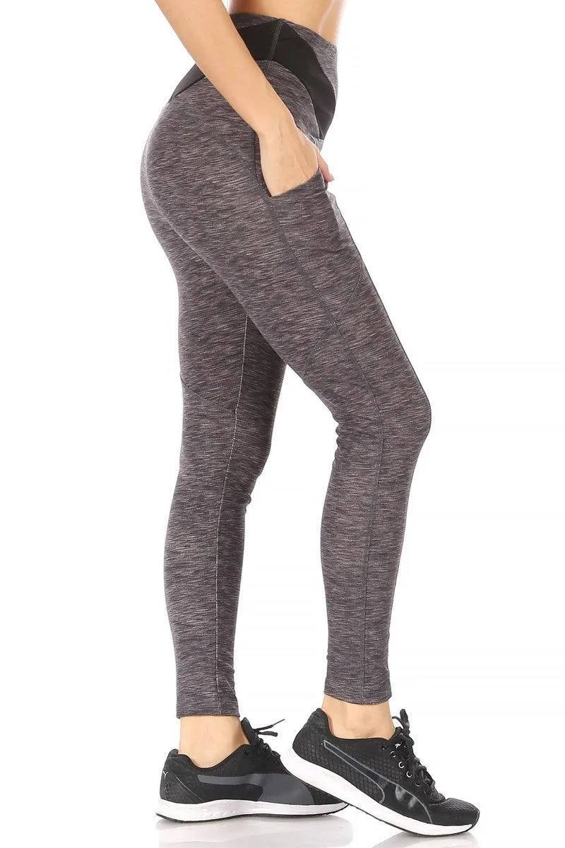 7/8 High Waist Leggings With V Shape Contrast Waistband & Pockets - Charcoal Space Dye