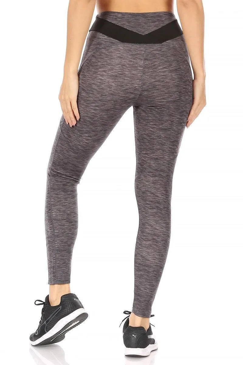 7/8 High Waist Leggings With V Shape Contrast Waistband & Pockets - Charcoal Space Dye