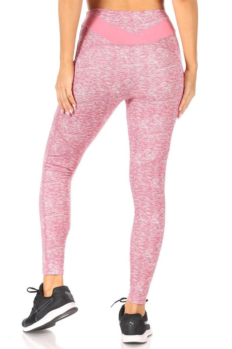 7/8 High Waist Leggings With V Shape Contrast Waistband & Pockets - Pink Space Dye