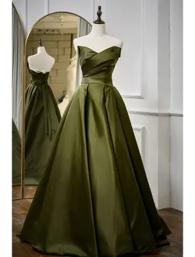 A-Line Evening Gown Sexy Dress Formal Floor Length Sleeveless Strapless Satin with Pleats Strappy