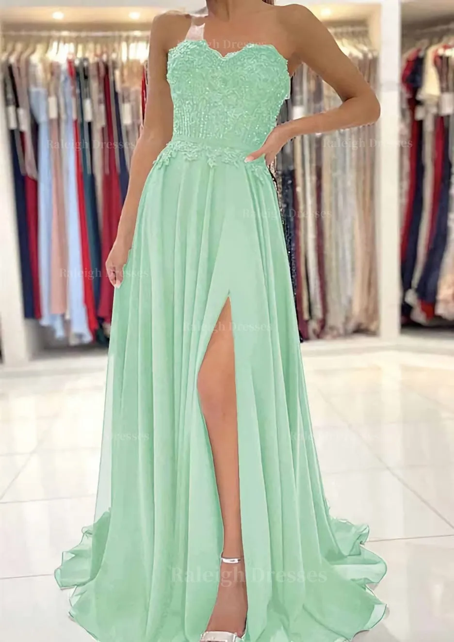 A-line Sweetheart Sweep Train Chiffon Prom Dress With Lace Beading Split