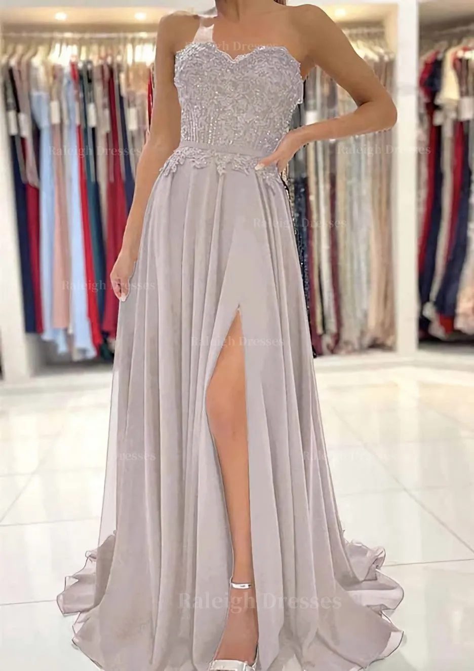 A-line Sweetheart Sweep Train Chiffon Prom Dress With Lace Beading Split