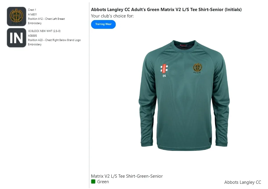 Abbots Langley CC  Adult's Green Matrix V2 L/S Tee Shirt-Senior (Initials)