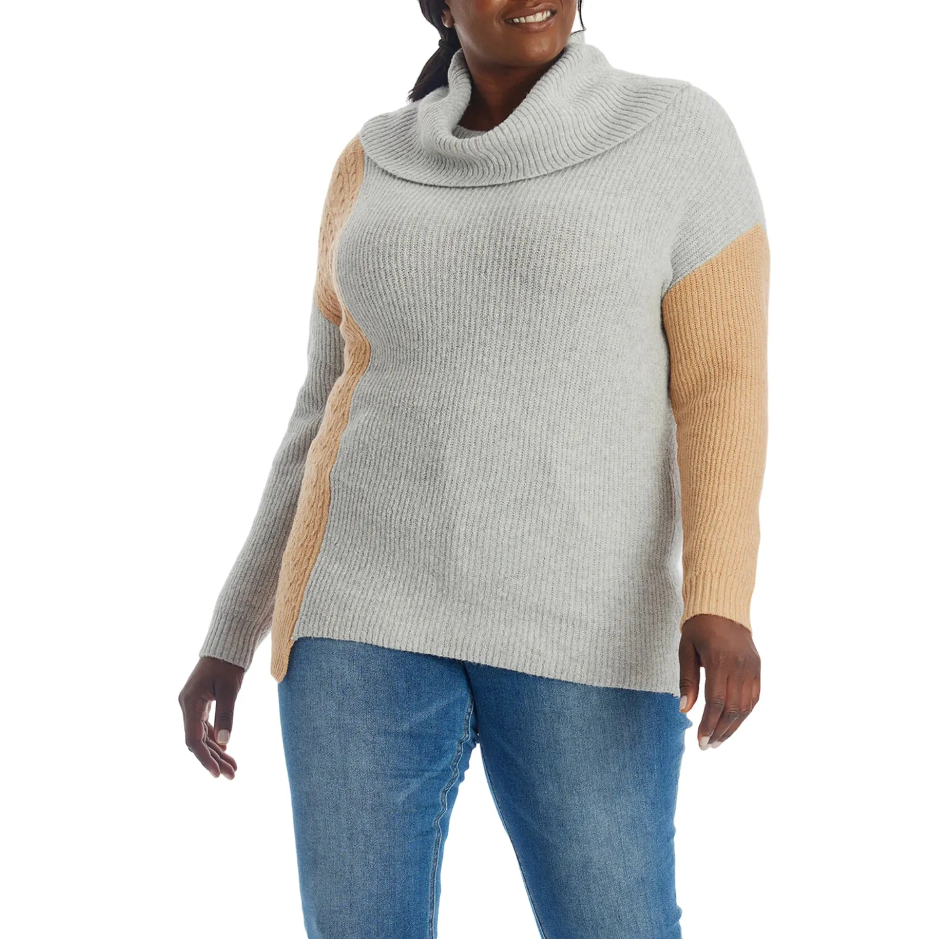 Adyson Parker Women's Plus Cozy Asymmetrical Hem Color Block Cowl Neck Soft Knit Pullover Sweater