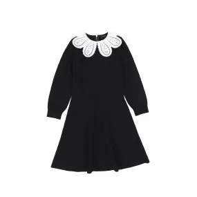 Bamboo Black Textured Knit Detail Collar Dress