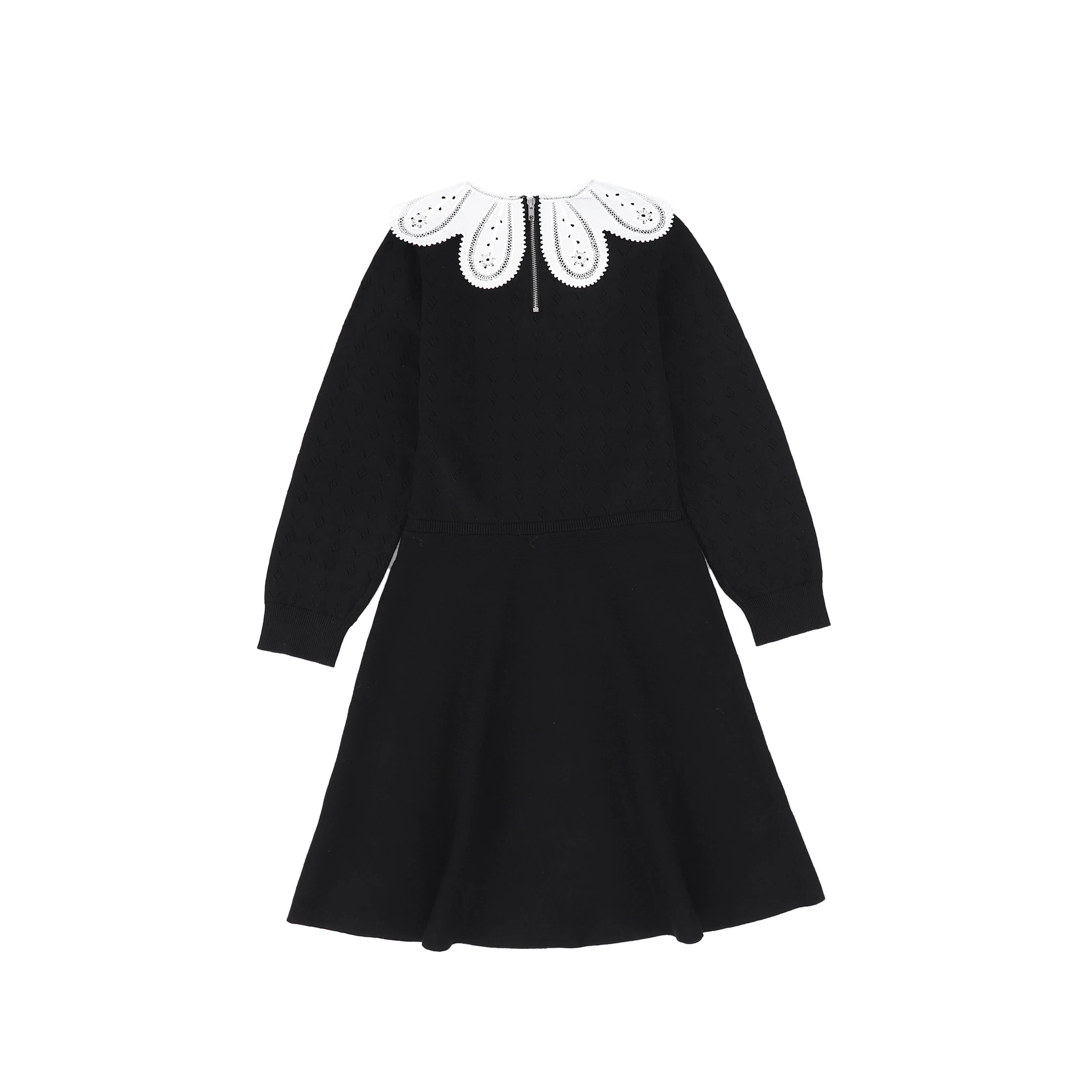 Bamboo Black Textured Knit Detail Collar Dress