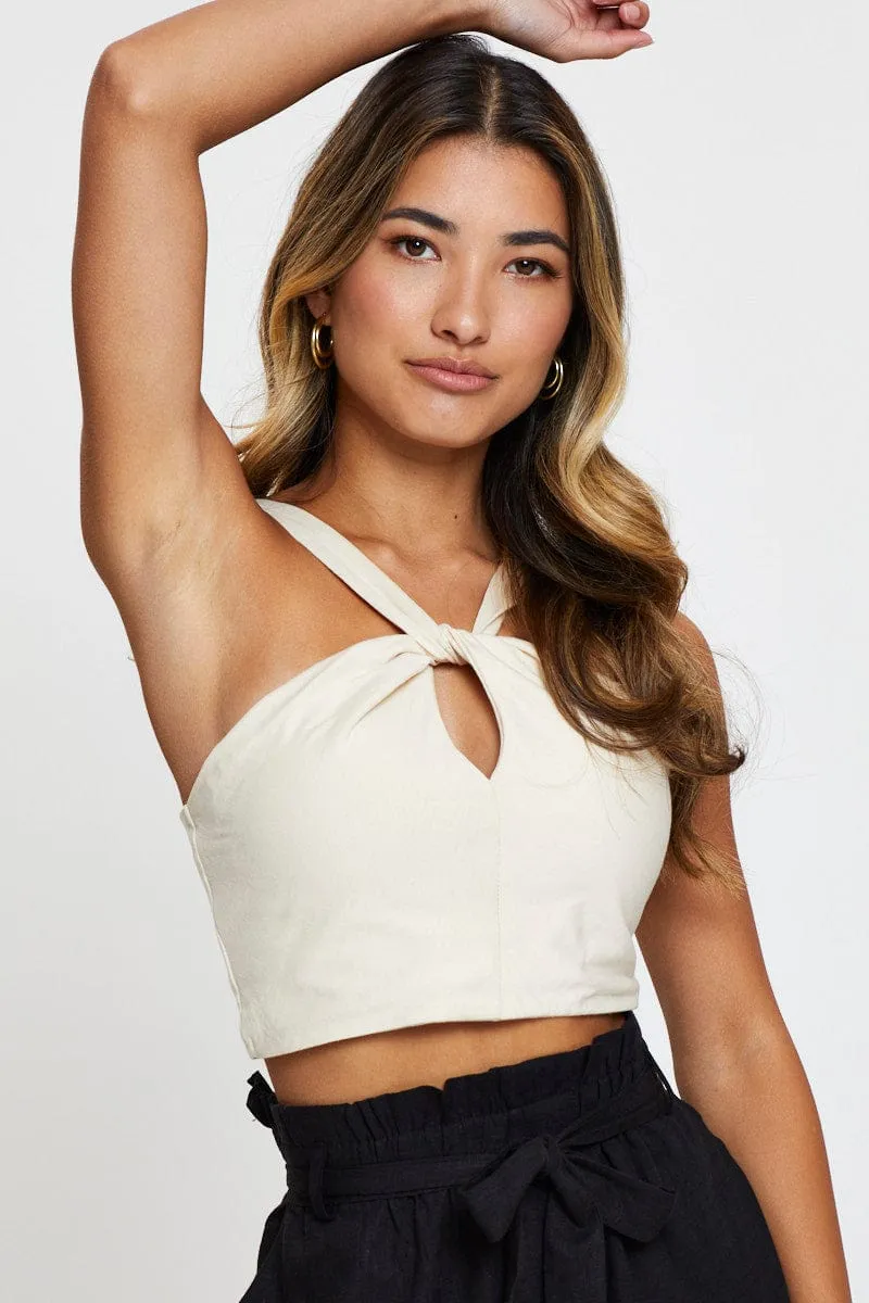 Beige Keyhole Top Halter Neck