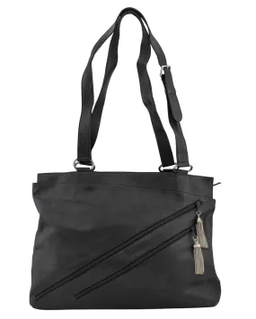 Black Leather Tote Bag with Zipper Details