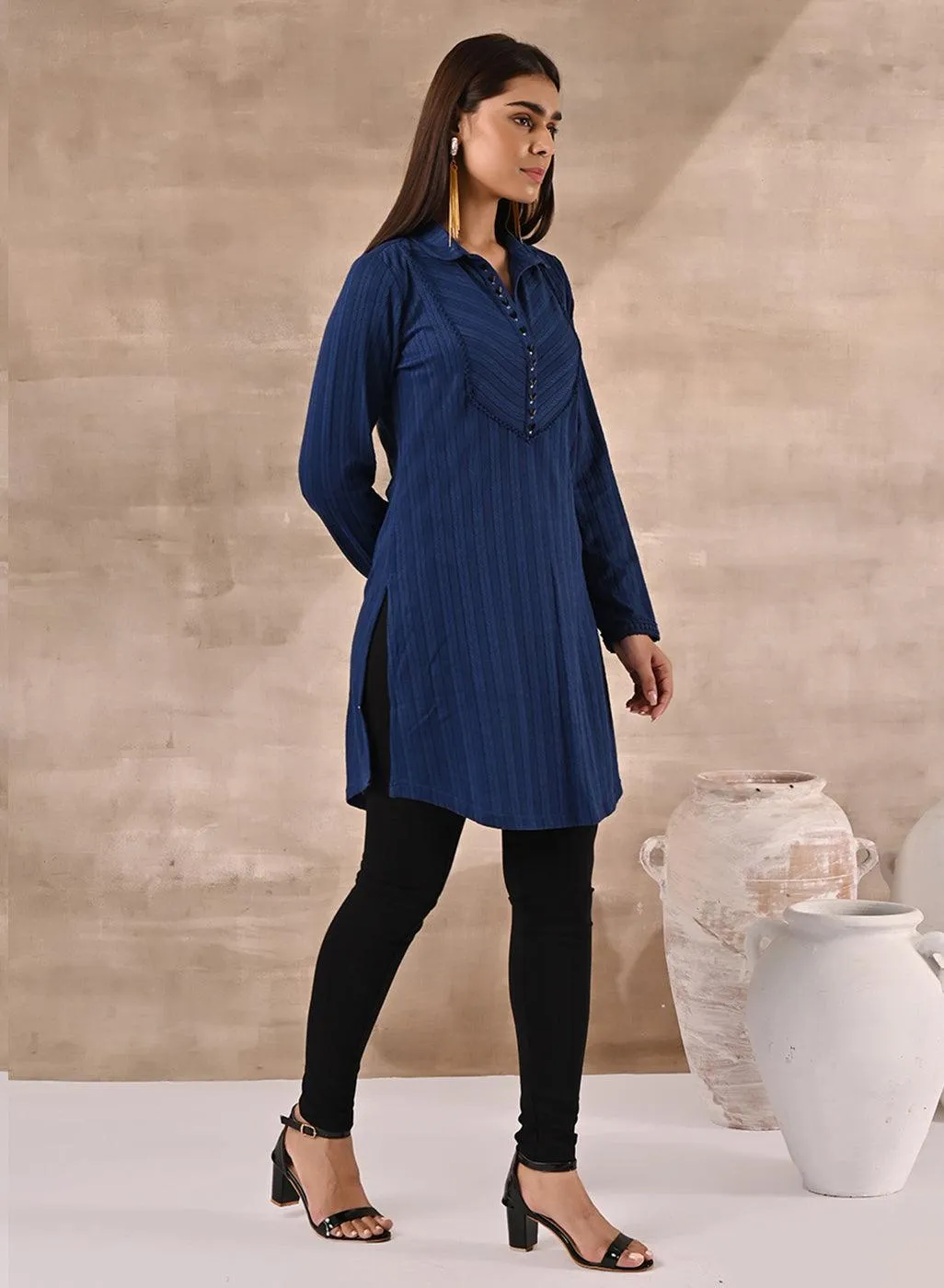 Blue Textured Full Sleeve Kurti