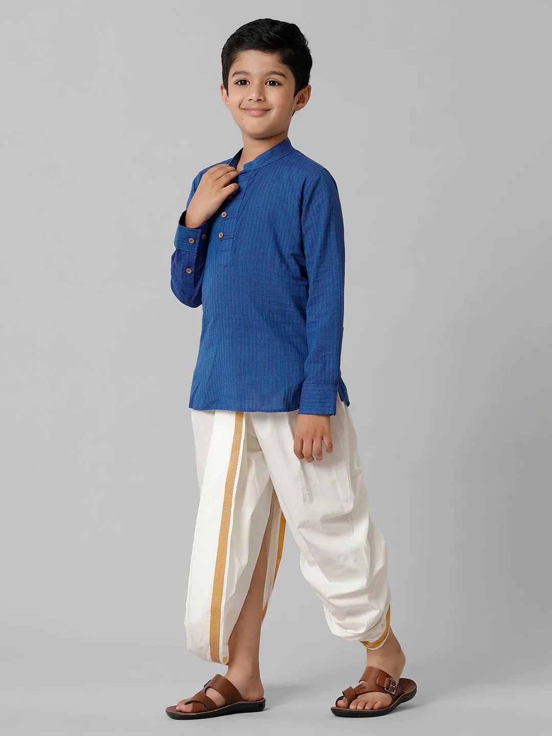 Boys Breeze Cotton Navy Kurta with Cream Elastic Panchakacham Towel Combo COT2