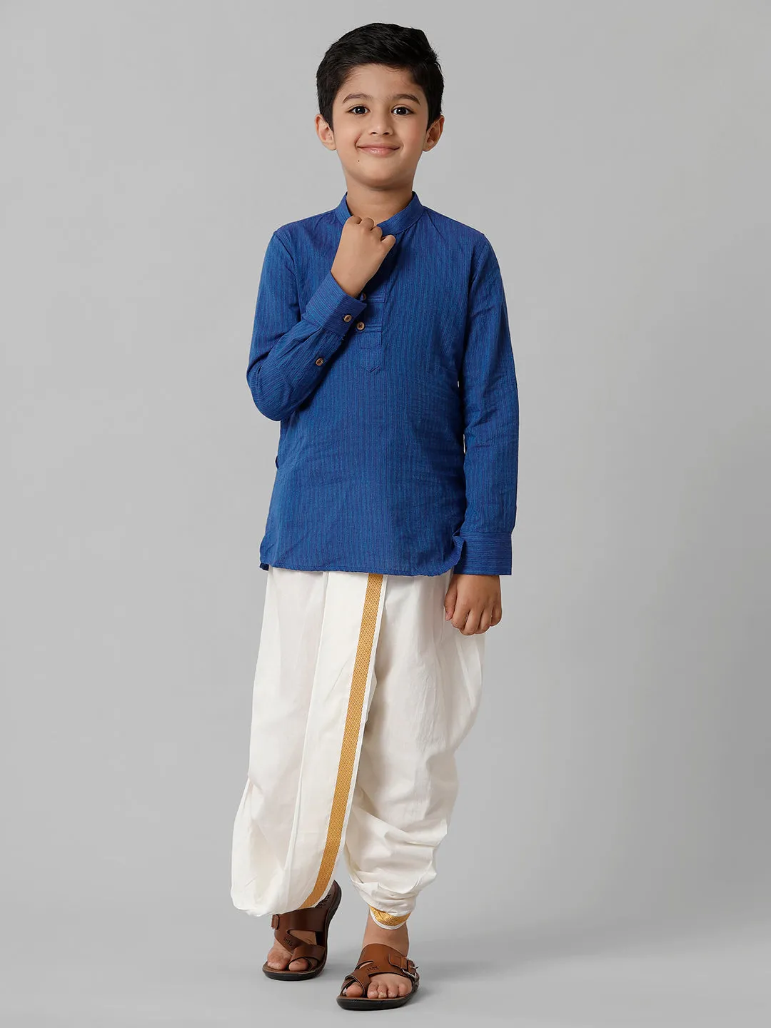 Boys Breeze Cotton Navy Kurta with Cream Elastic Panchakacham Towel Combo COT2