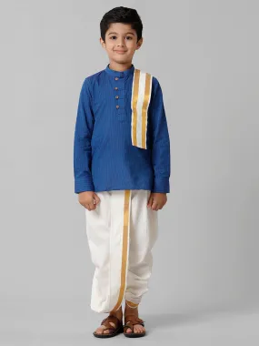 Boys Breeze Cotton Navy Kurta with Cream Elastic Panchakacham Towel Combo COT2