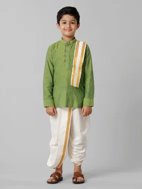 Boys Breeze Cotton Yellowish Green Kurta with Cream Elastic Panchakacham Towel Combo COT3