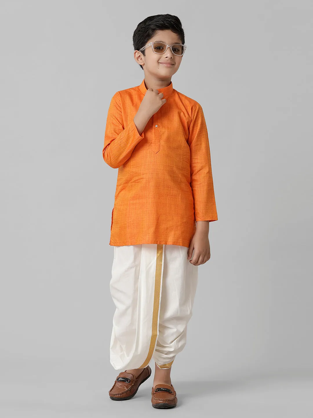 Boys Cotton Orange Kurta with Cream Elastic Panchakacham Towel Combo FS3