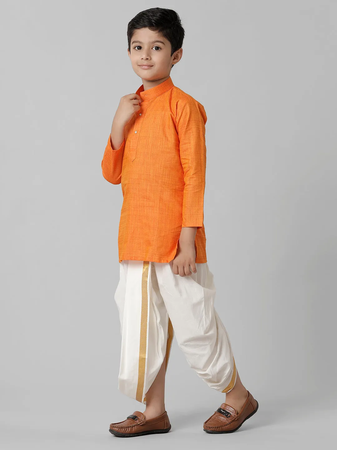 Boys Cotton Orange Kurta with Cream Elastic Panchakacham Towel Combo FS3