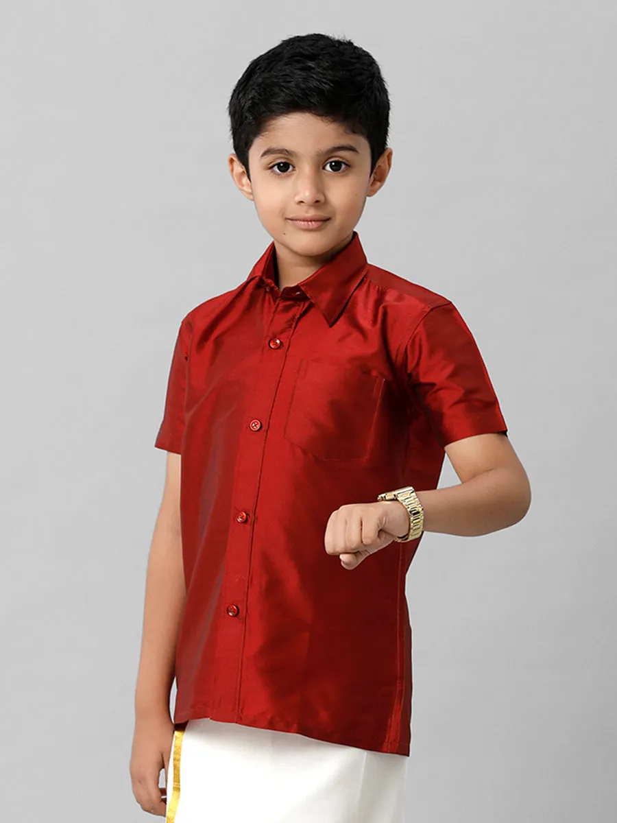 Boys Silk Cotton Red Half Sleeves Shirt K8