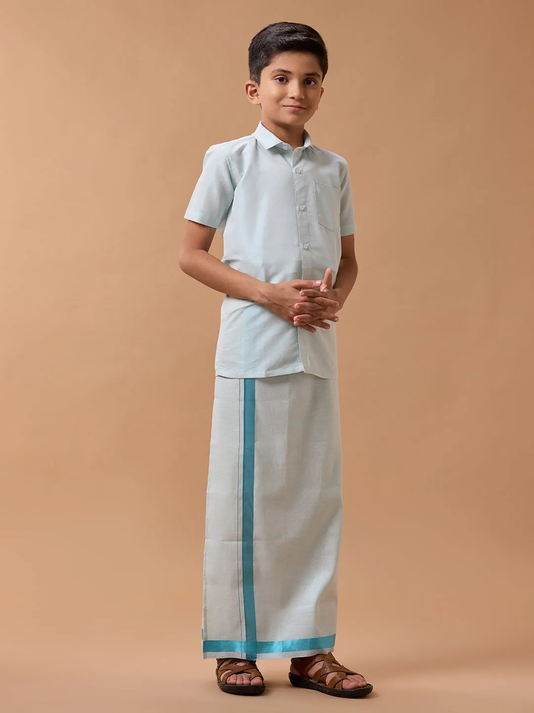 Boys Tissue Jari Half Sleeve Shirt Dhoti Set Sankalpam Cyan