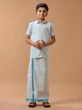 Boys Tissue Jari Half Sleeve Shirt Dhoti Set Sankalpam Cyan