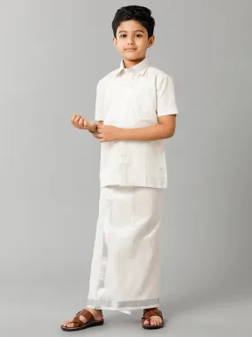 Boys Tissue Jari Half Sleeve Shirt Dhoti Set Sankalpam Silver