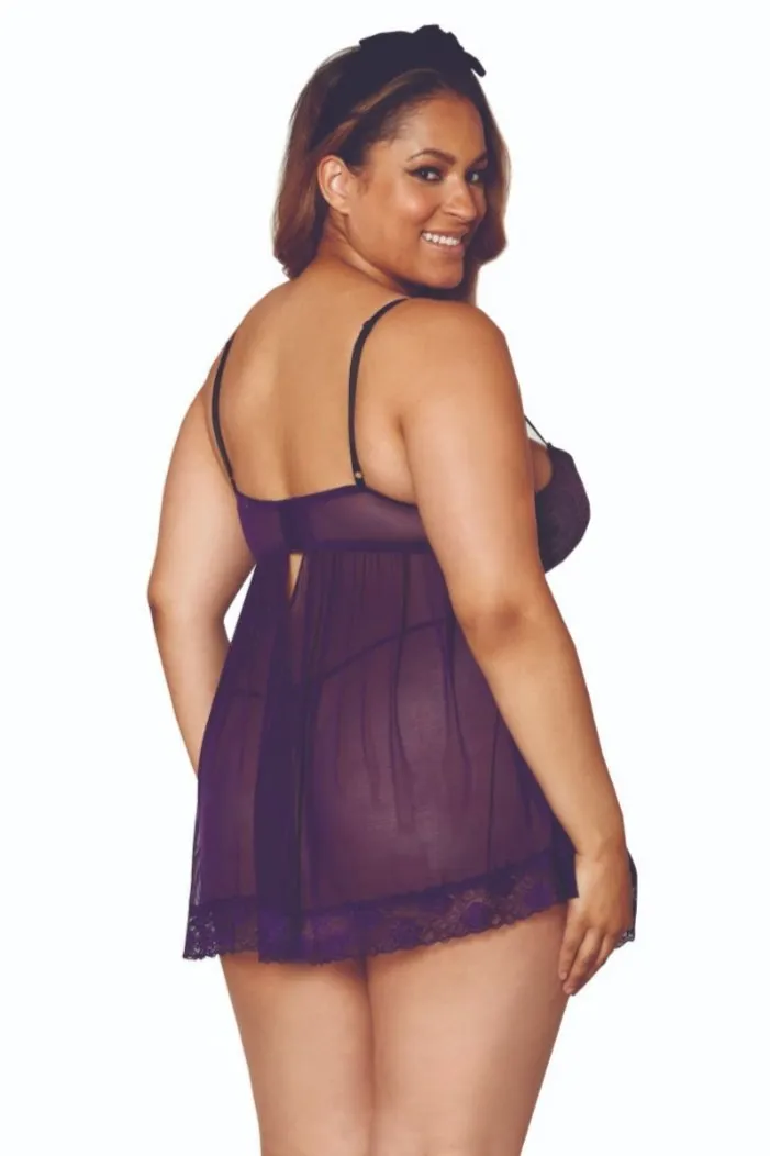 Chic Plum Contrast Lace Babydoll for Full Figures