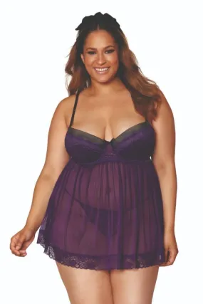 Chic Plum Contrast Lace Babydoll for Full Figures