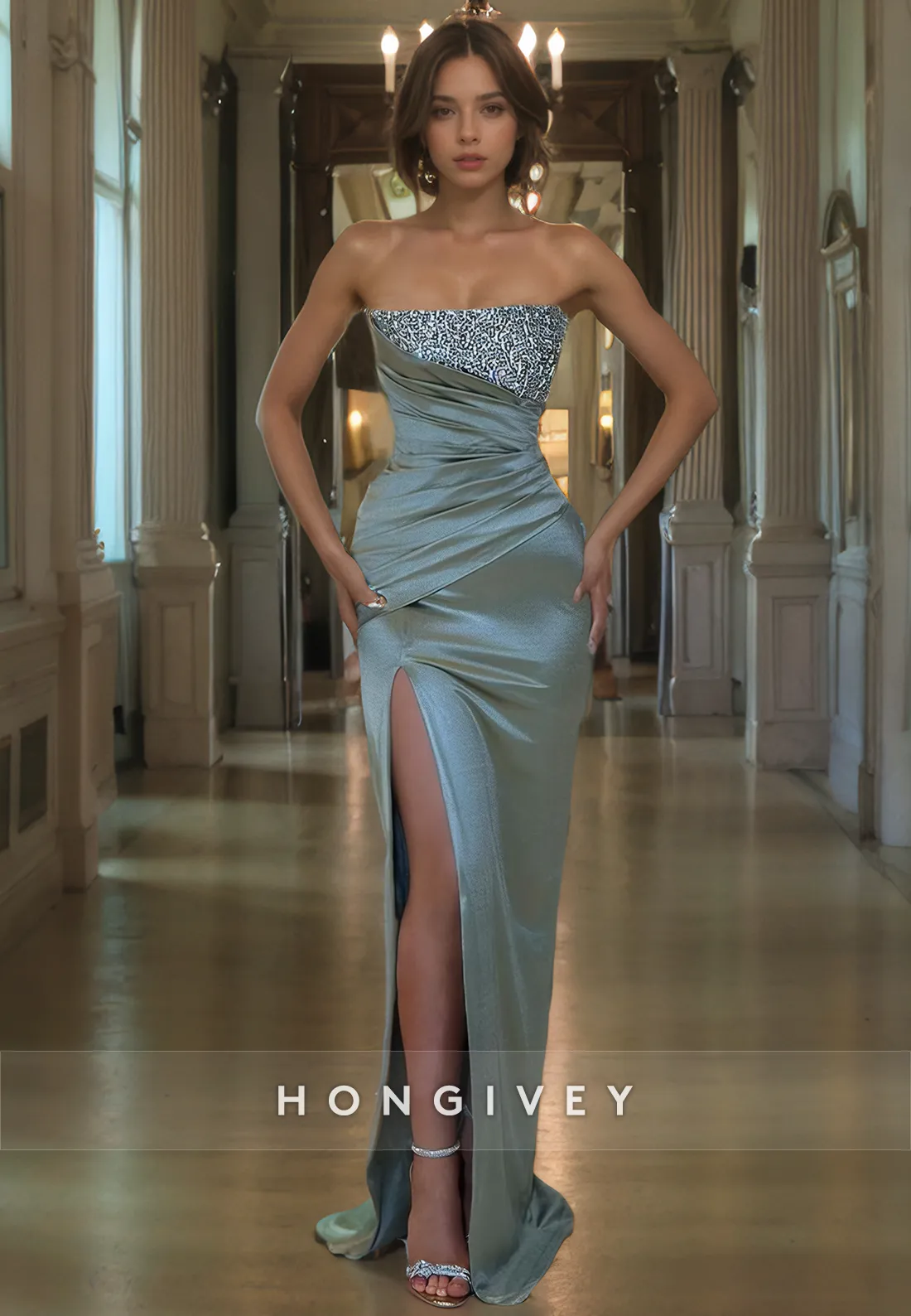 Chic Satin Fitted Square Strapless Beaded Long Prom Dress