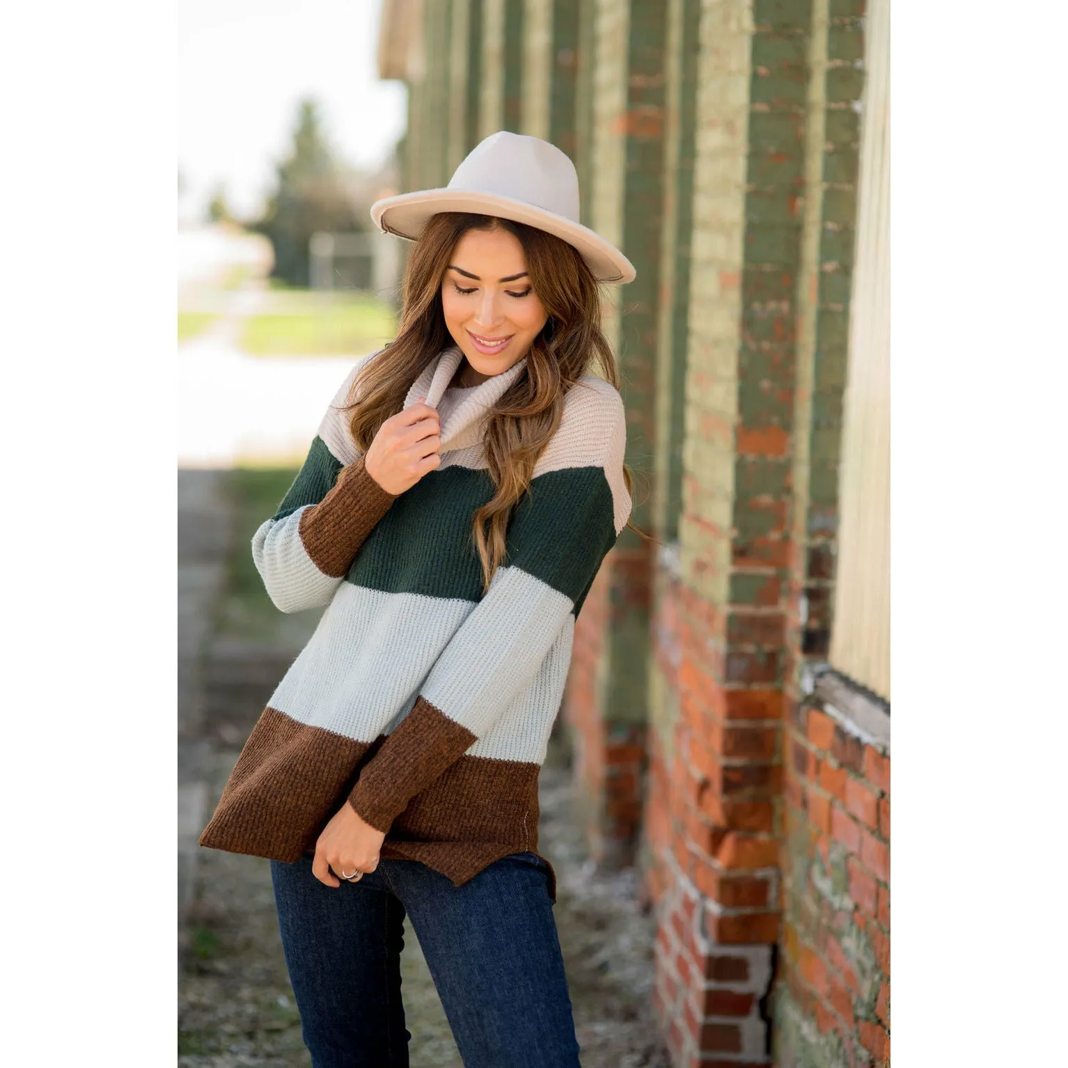 Color Block Side Slit Cowl Neck Sweater