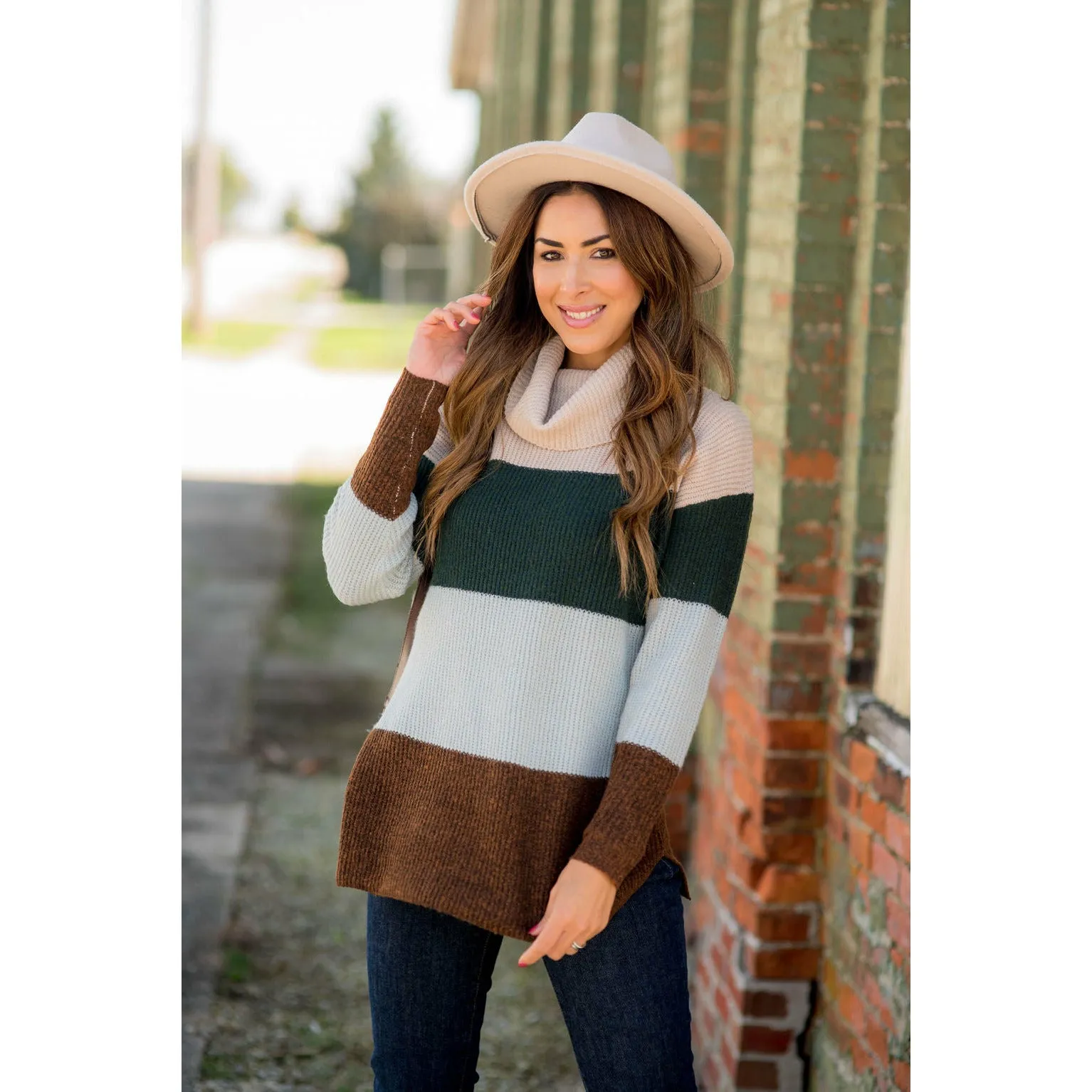 Color Block Side Slit Cowl Neck Sweater