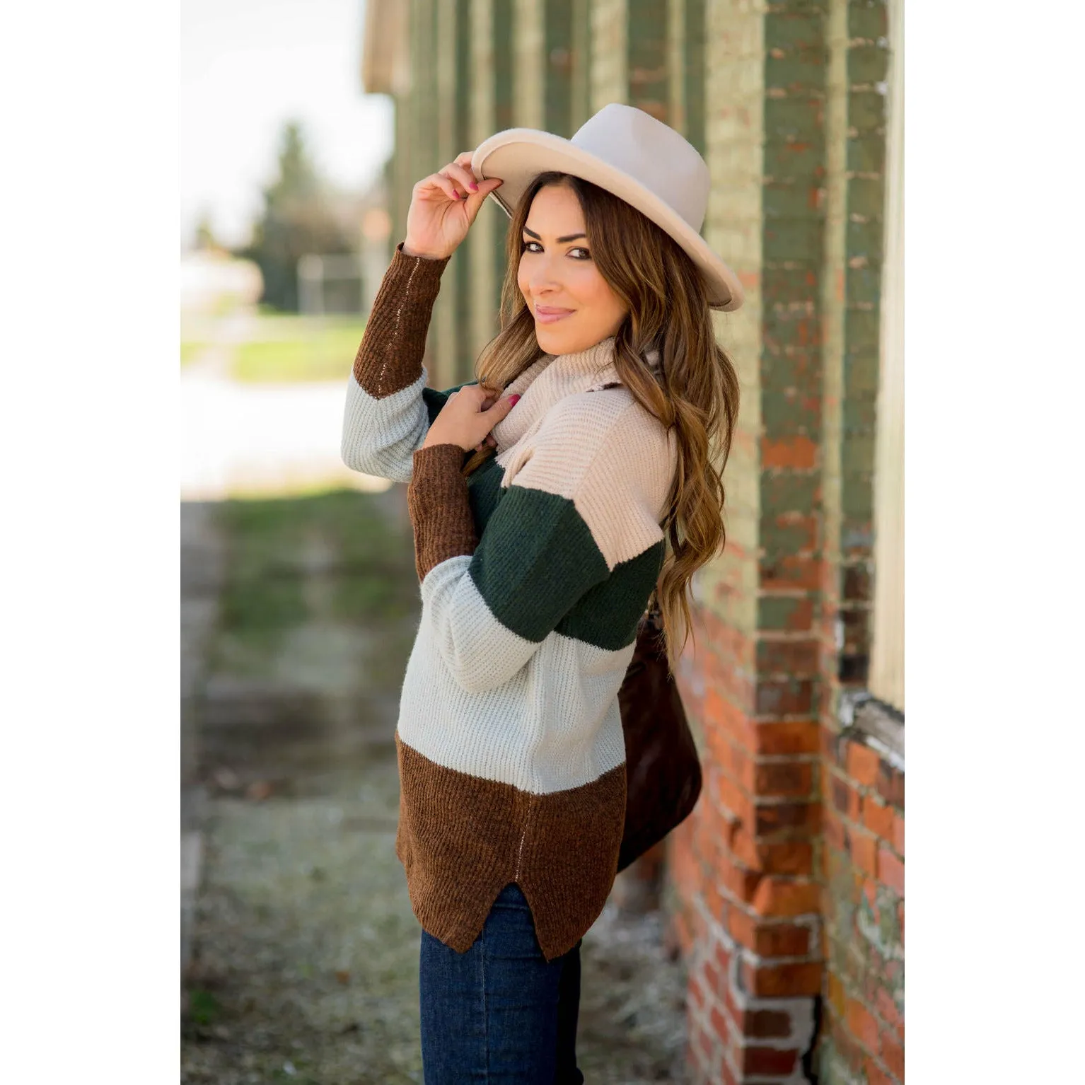 Color Block Side Slit Cowl Neck Sweater