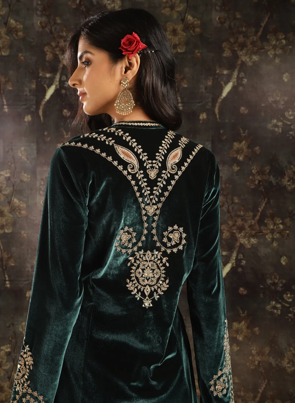 Dark Green Embroidered Party-wear Velvet Kurta Set