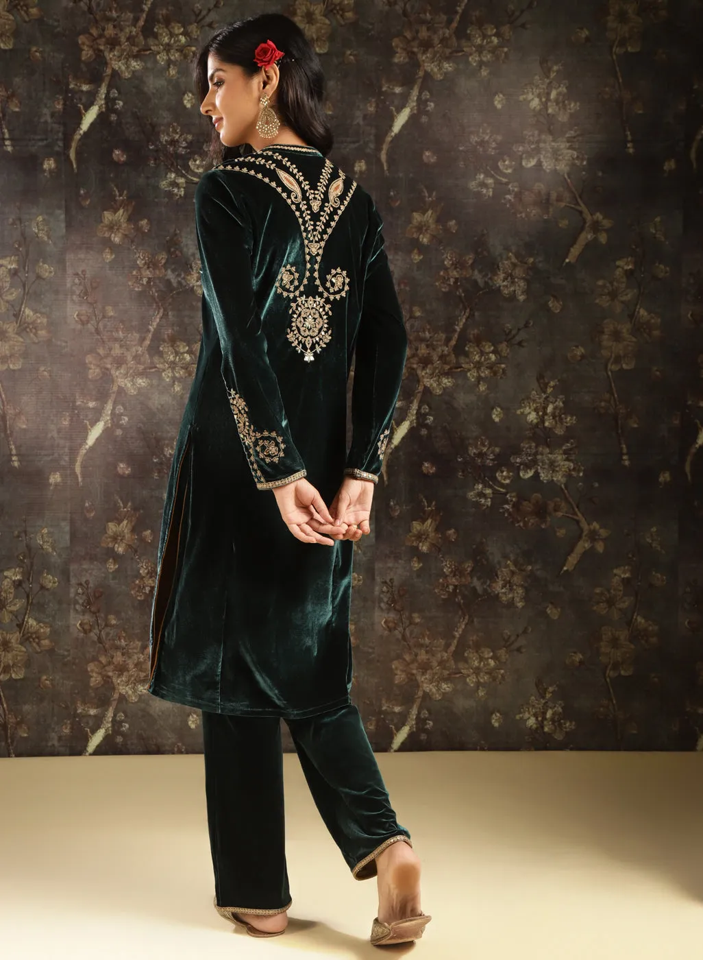 Dark Green Embroidered Party-wear Velvet Kurta Set