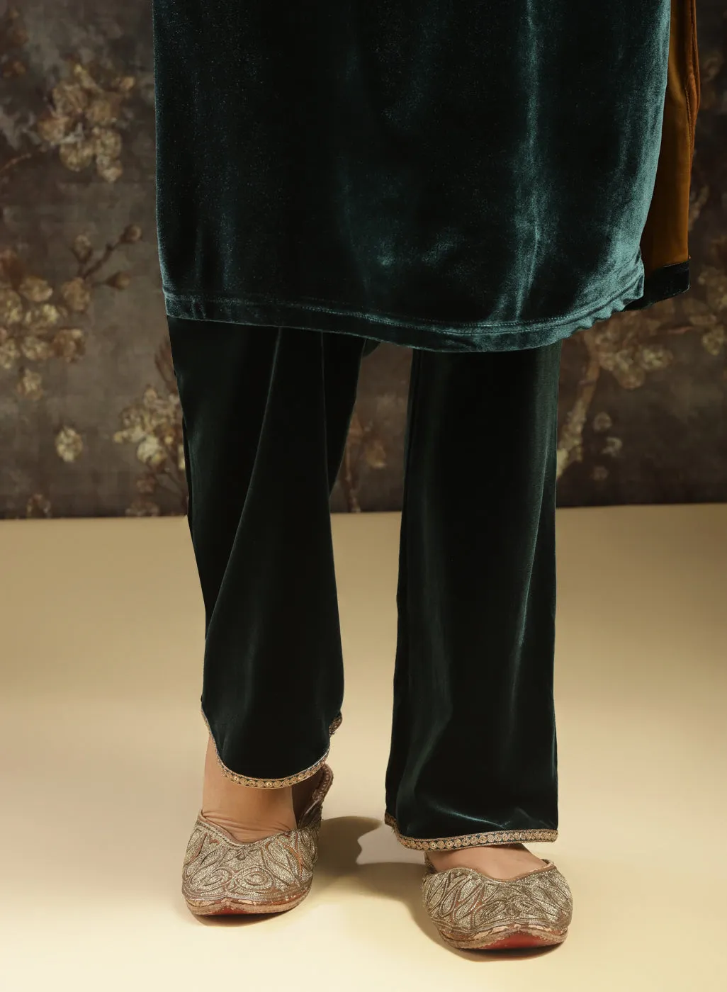 Dark Green Embroidered Party-wear Velvet Kurta Set