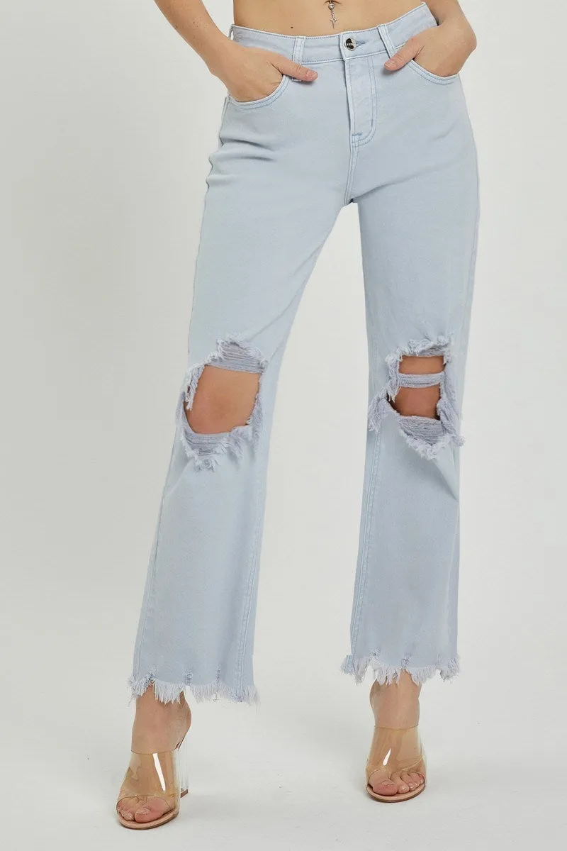 Distressed Straight Leg Ice Blue Jeans