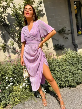 Draped In Desire - Lilac Gold Plisee Wrap Dress