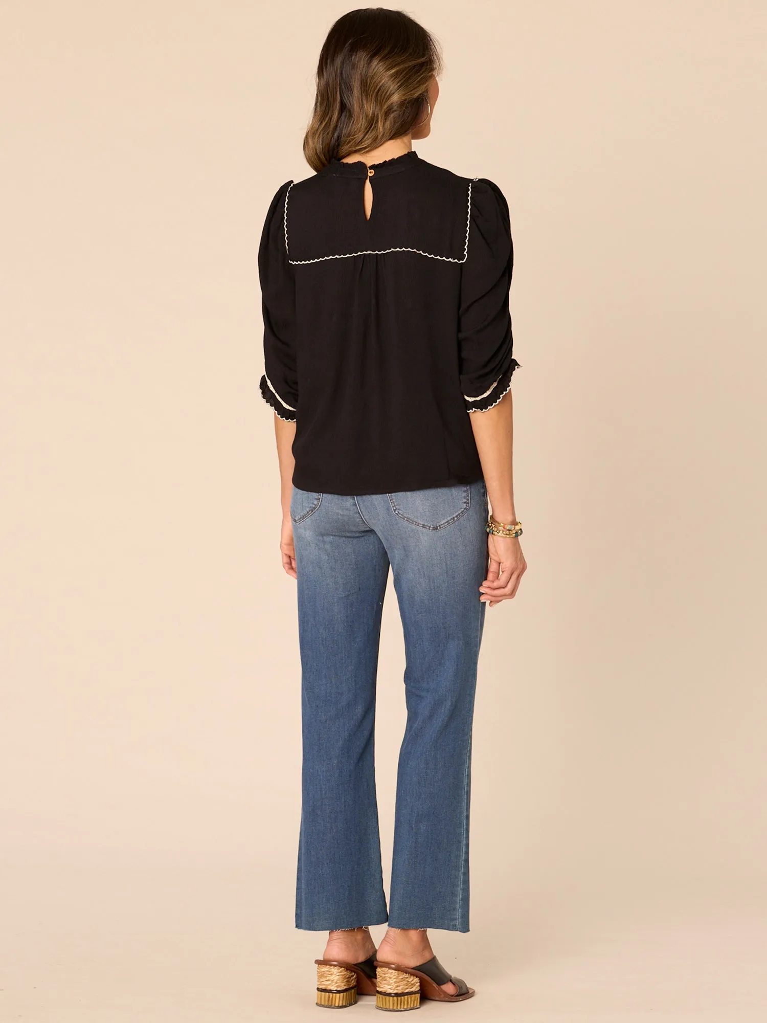 Elbow Puff Sleeve Round Neck Embroidered V-Yoke Plus Size Woven Top