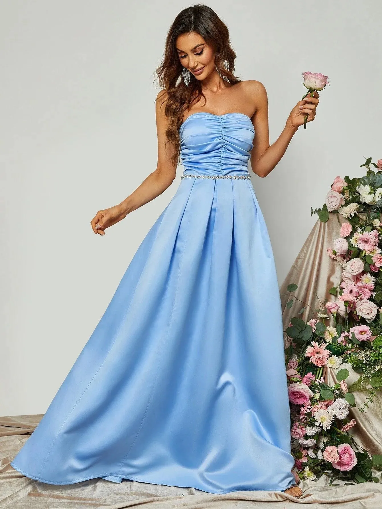 Elegant Ruched Front Satin A Line Tube Dress