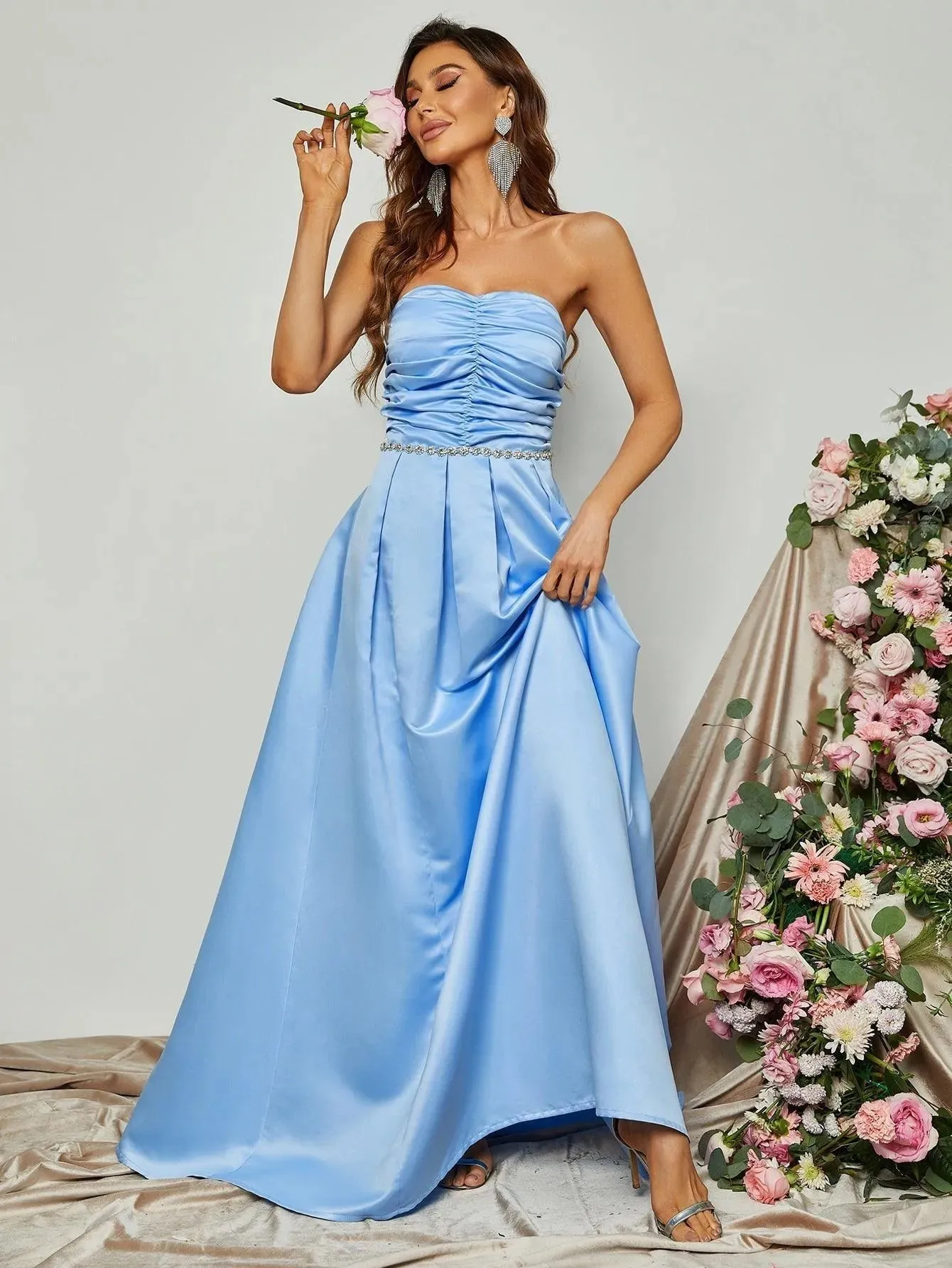 Elegant Ruched Front Satin A Line Tube Dress