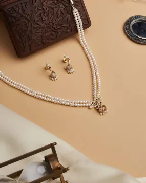 Elegant Two-line Leaf Pendant Pearl Necklace Set