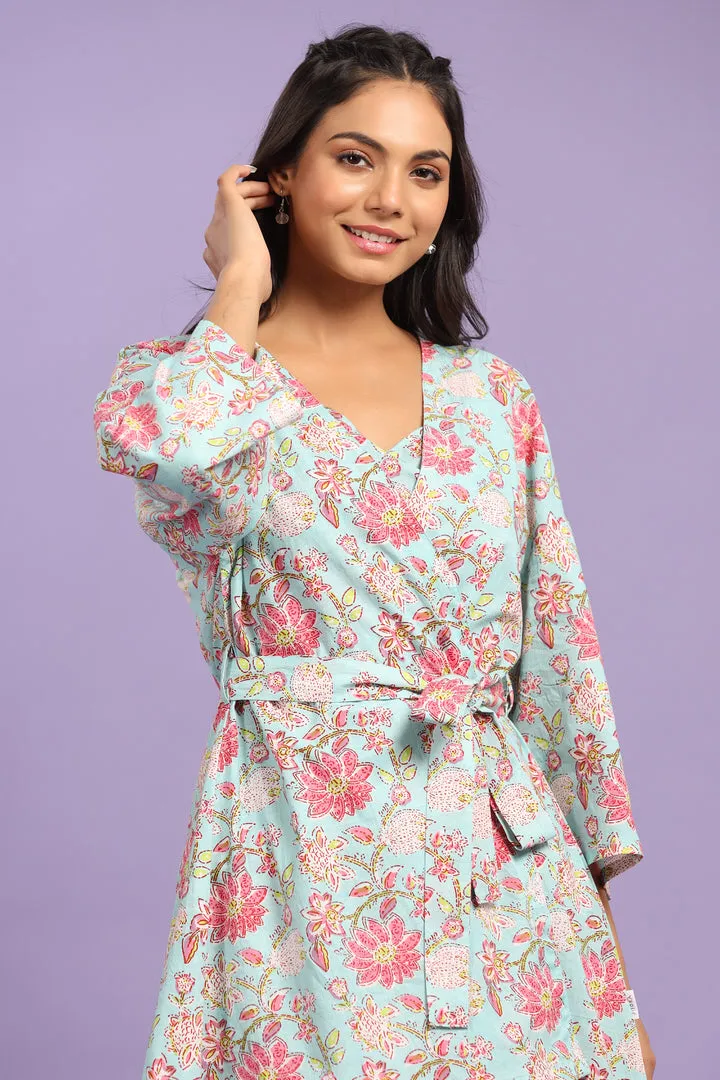 Enchanting Floral on Light Blue Cotton Three Piece Set