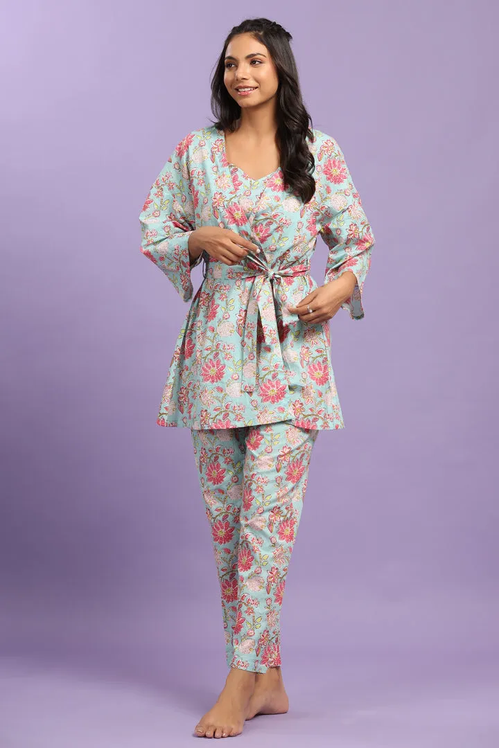 Enchanting Floral on Light Blue Cotton Three Piece Set