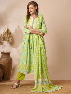 Ethnic Floral Printed A-Line Pleated Kurta with Pant and Printed Dupatta - Lime Green