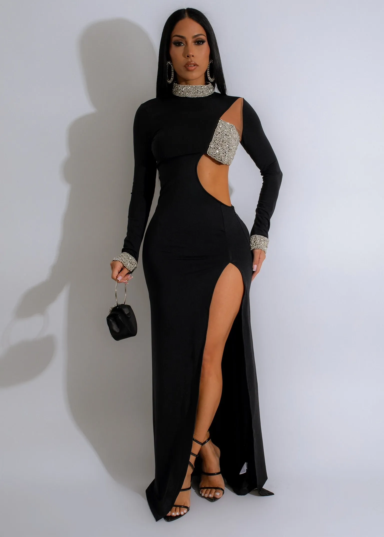 Evening Glamour Rhinestones Maxi Dress Black