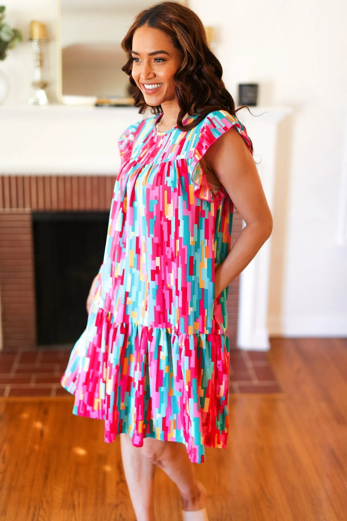 Feeling Bold Multicolor Abstract Print Tiered Ruffle Sleeve Dress