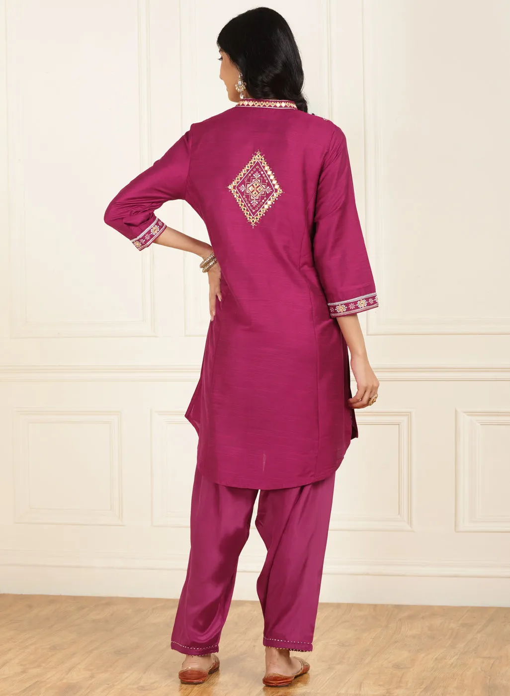 Fuchsia Embroidered Party Wear Kurta Set with Mirror Work