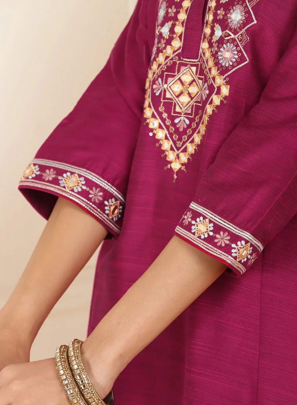 Fuchsia Embroidered Party Wear Kurta Set with Mirror Work