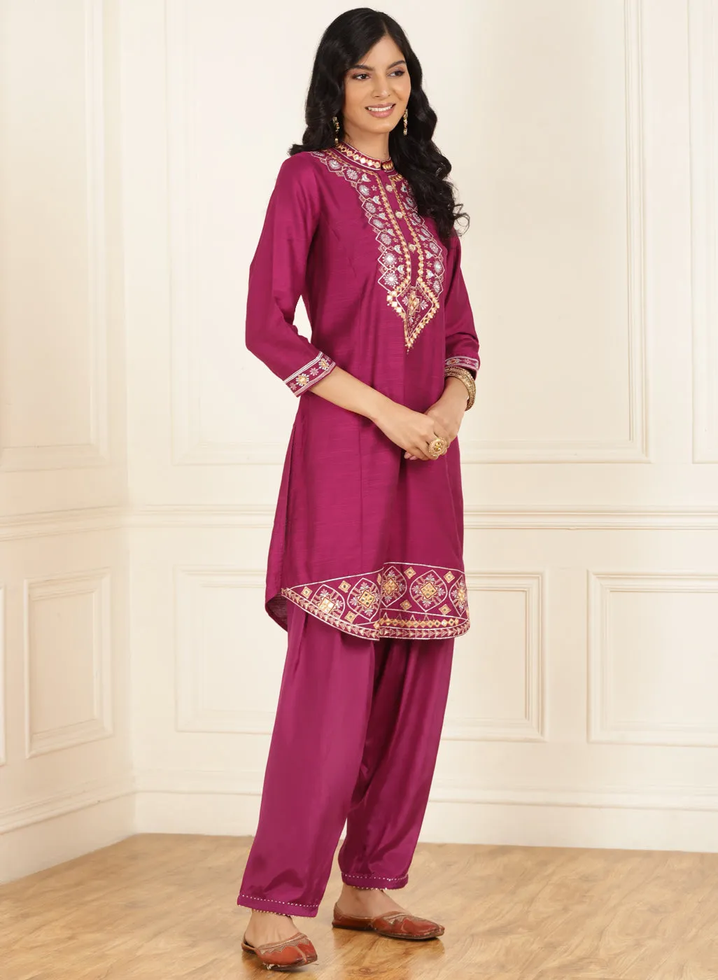 Fuchsia Embroidered Party Wear Kurta Set with Mirror Work