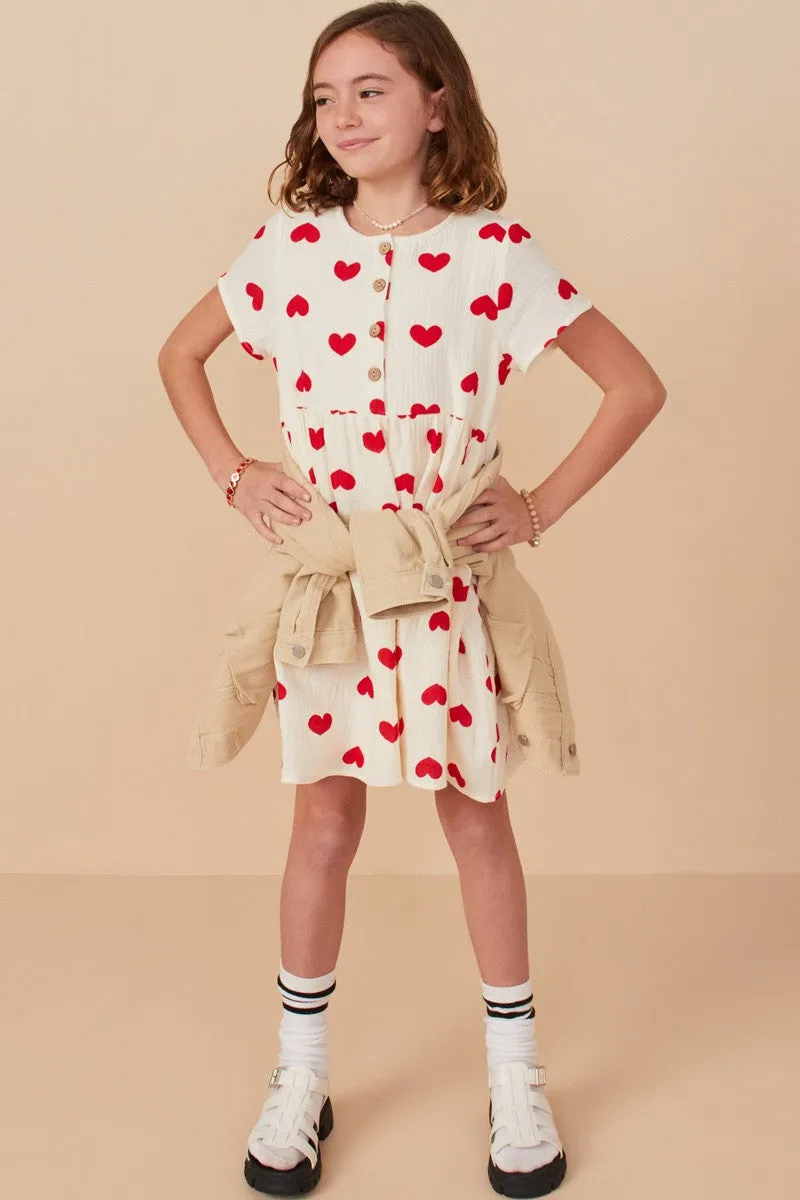 Girls Heart Print Textured Button Detail Dress