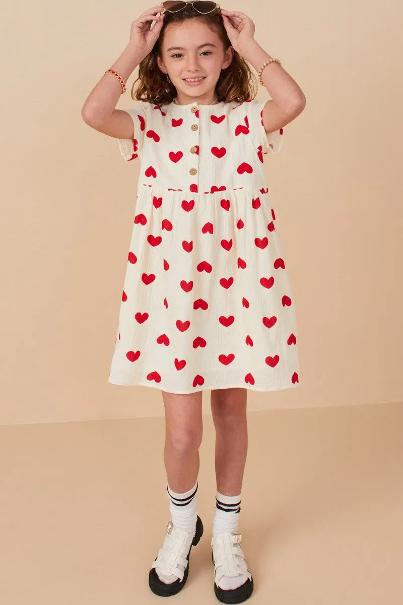 Girls Heart Print Textured Button Detail Dress